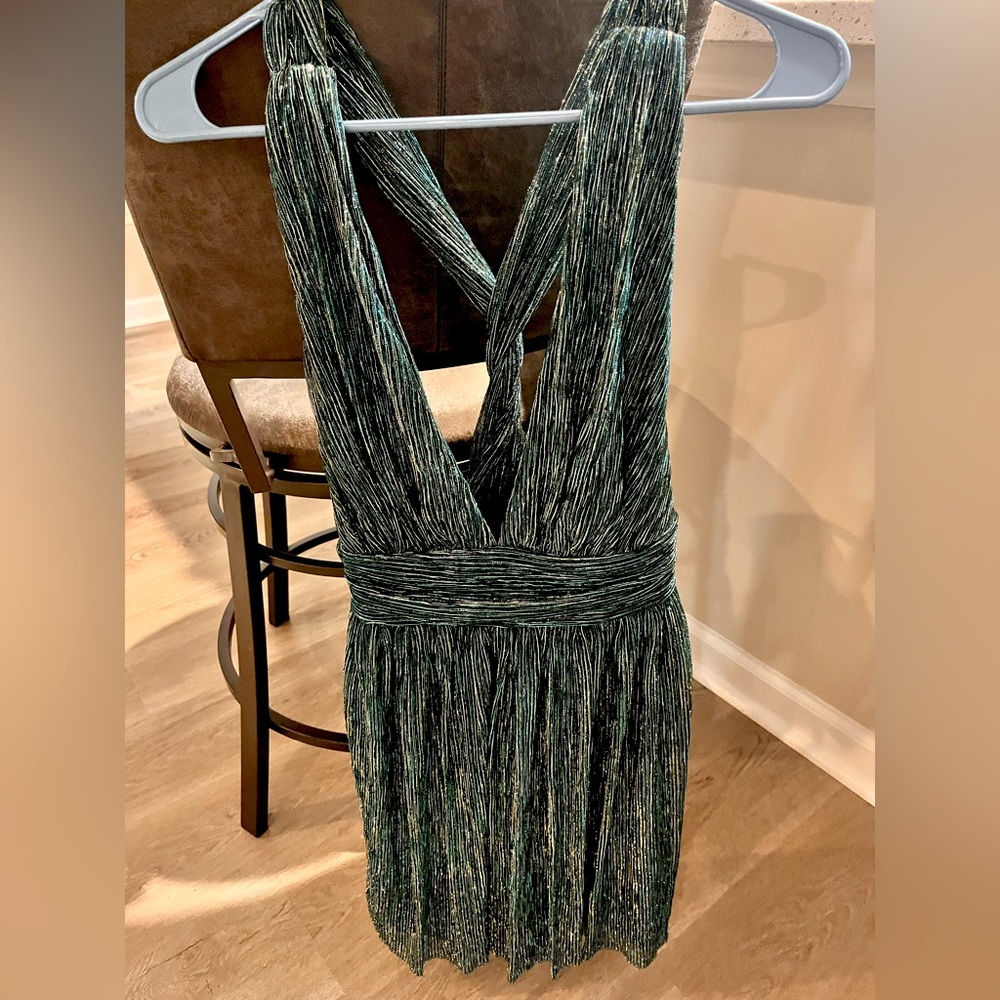 Lulus Ailey Gold and Teal Blue Mid-Thigh Skater Dress Size XS NWT
